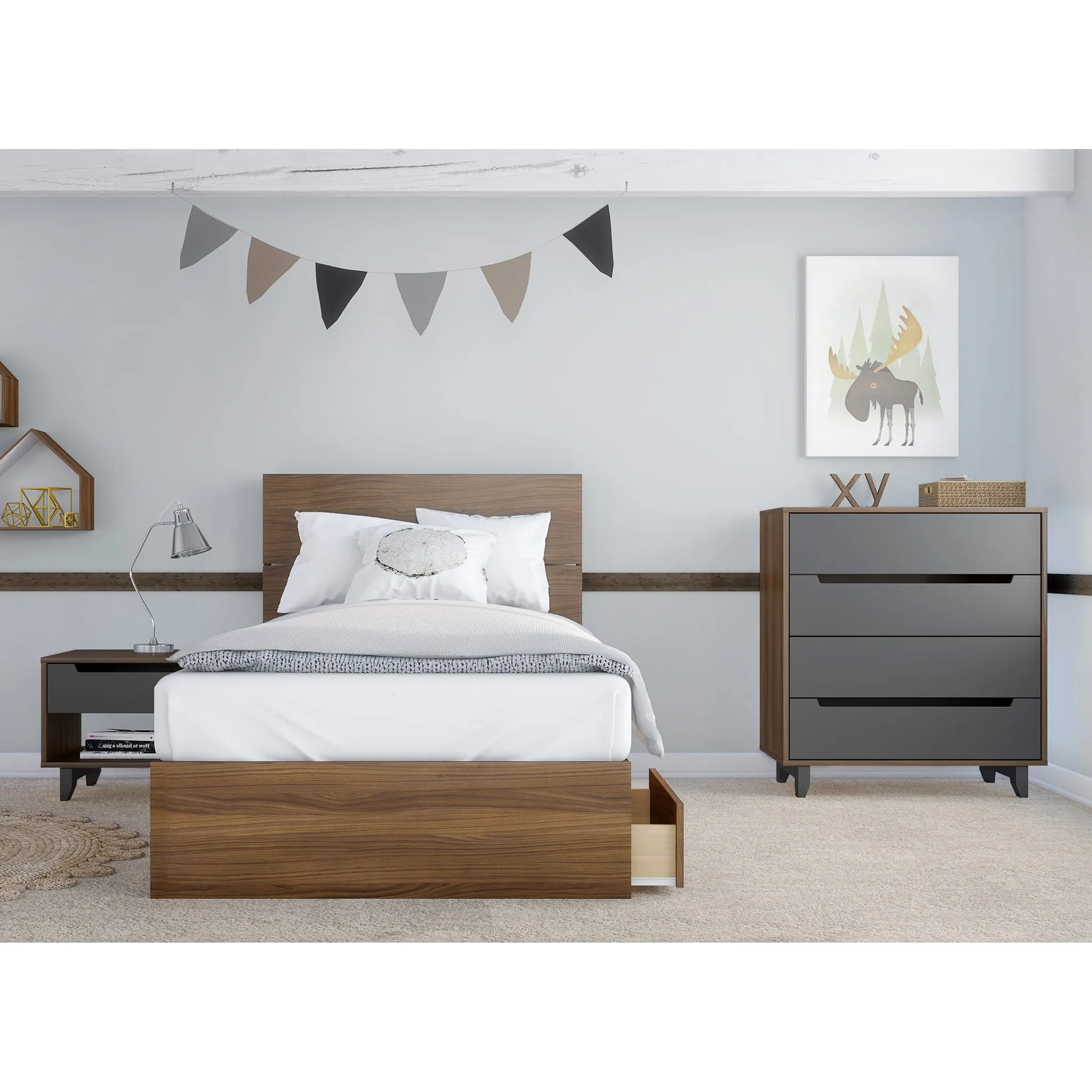 Nexera Bureau 4 Tiroirs Alibi - Noyer et Gris Charbon