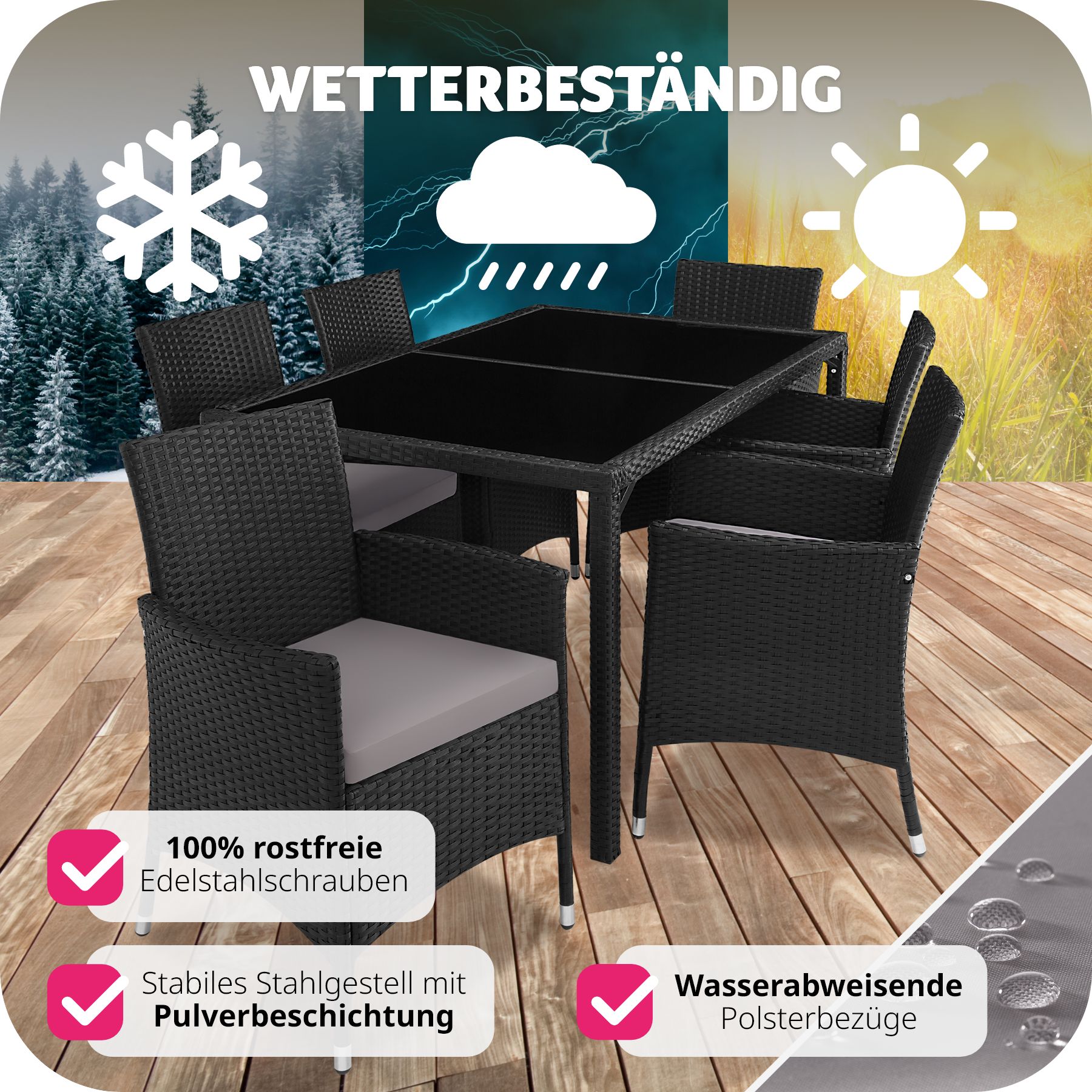 tectake® Rattan Sitzgruppe, für 6 Personen, UV-beständig, inklusive Schutzhülle