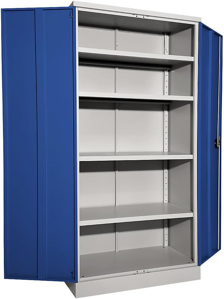 eurokraft | Stahlschrank Nilas | mit 4 Fachböden | HxBxT 1950 x 915 x 421 mm | lichtgrau/enzianblau
