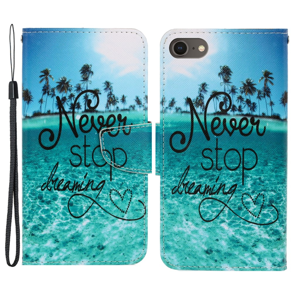 iPhone SE (2022/2020) / 8 / 7 Leder Tasche Hülle mit Kartenfach - Never Stop Dreaming (Blau)