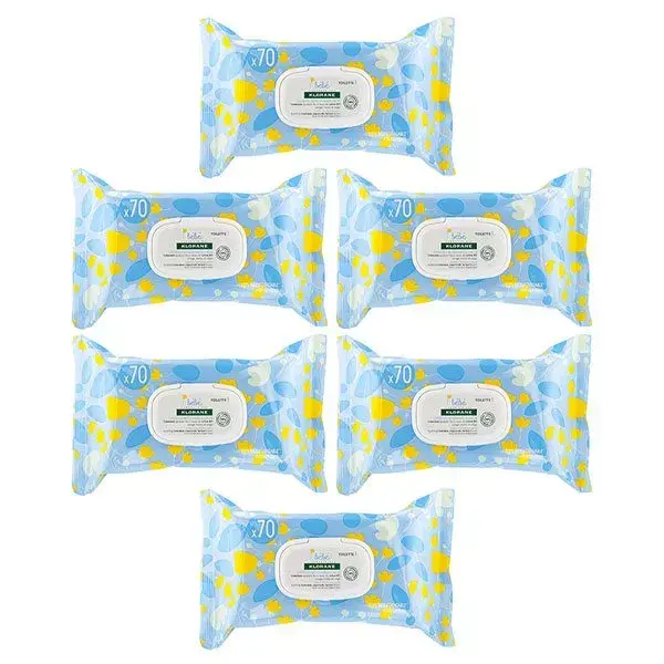 Lenços umedecidos de limpeza suave Klorane Baby Calendula, pacote com 6 unidades de 70 lenços cada.