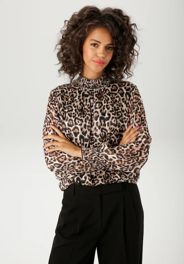 Aniston CASUAL Chiffonbluse , im Leo-Druck mit goldfarbenen Glitzerstreifen - NEUE KOLLEKTION