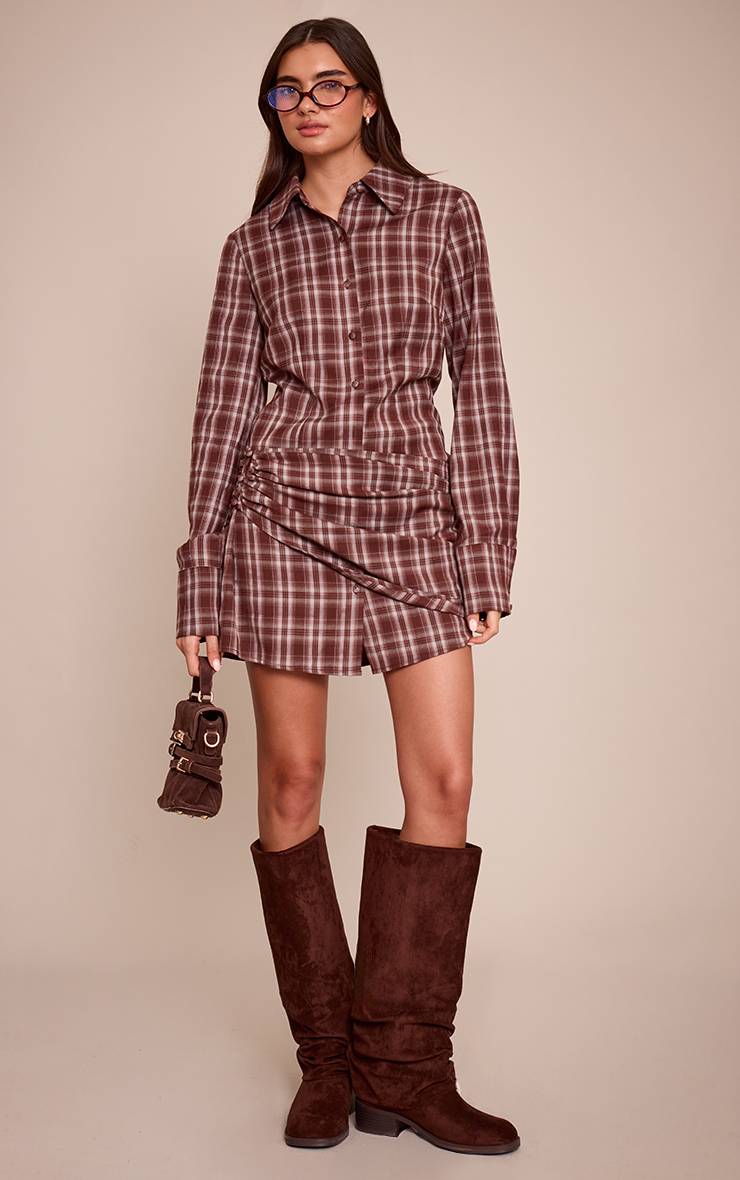 Marron Robe Chemise À Carreaux Avec Détails Cache-cœur