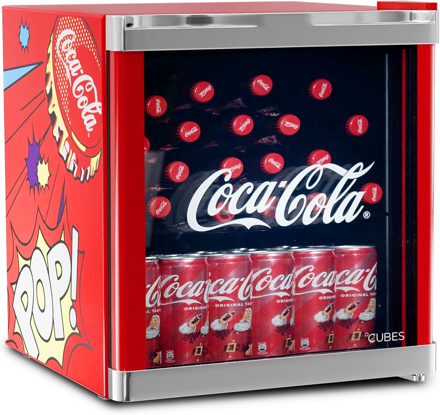 CUBES Original Coca-Cola PopArt Mini Kühlschrank Rot (48L) - Getränkekühlschrank mit Glastür, leise & energieeffizient - Perfekt für Büro, Partys & Gaming - Cooler Flaschenkühlschrank - Für Getränke