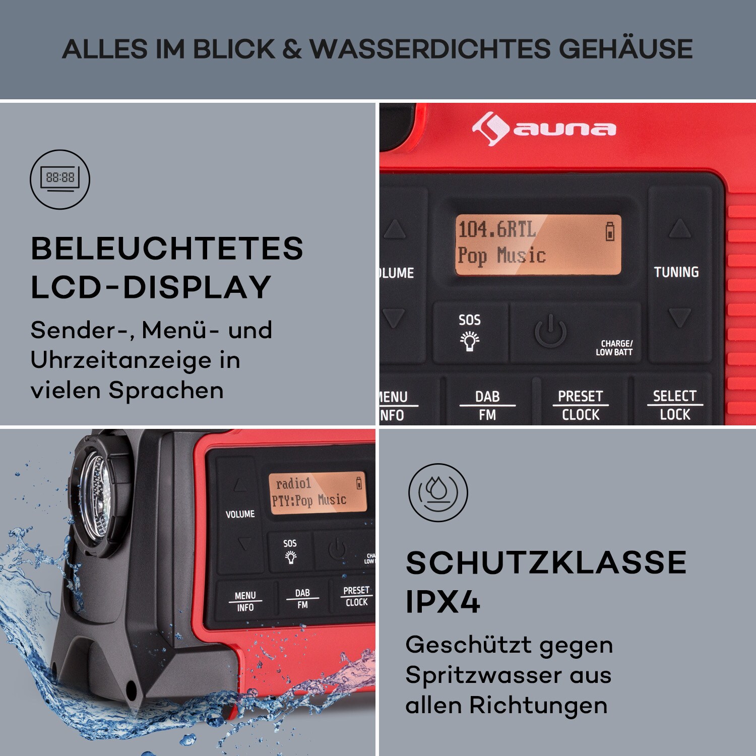 Patagonia DAB+ Outdoor-Radio DAB / DAB+ / FM Kurbelaufladung USB SOS-Alarm wasserdicht Rot