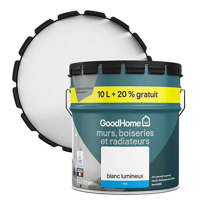 Peinture murs, boiseries et radiateurs haute résistance blanc mat GoodHome 10L + 20% gratuit