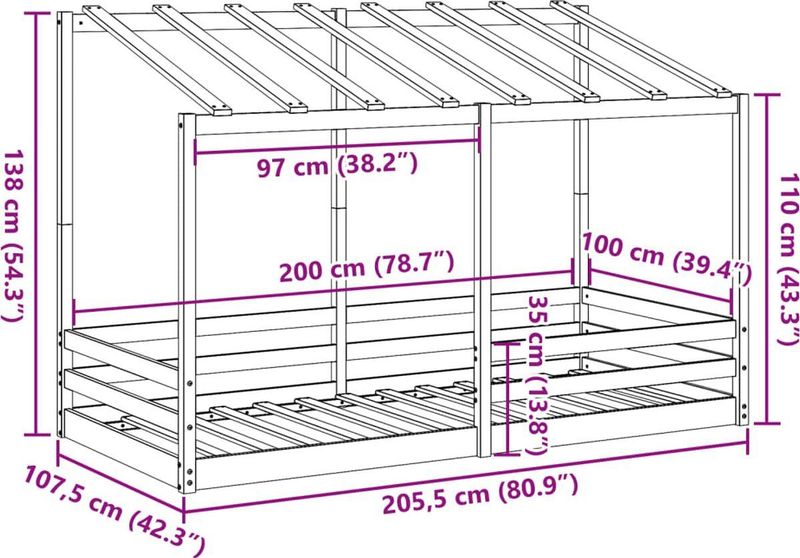 vidaXL Kinderbed - Massief Grenenhout - Wasbruin - 100x200 cm