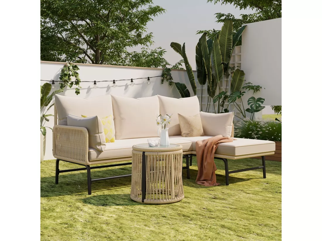Salon de jardin en métal - avec coussins beige 8cm et dossier - Canapé 2 places + Méridienne droite + table basse
