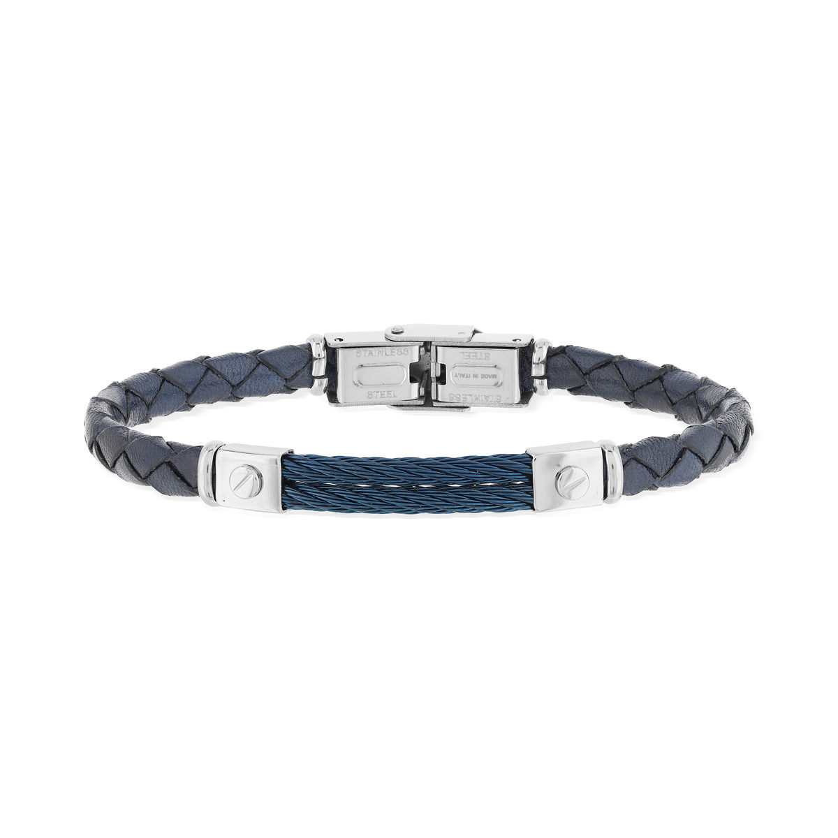 Bracelet acier cuir et câble bleu