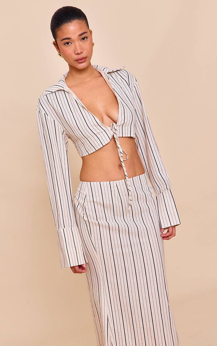 Sand Stripe Ensemble Chemise Courte À Nouer Devant En Mélange De Lin