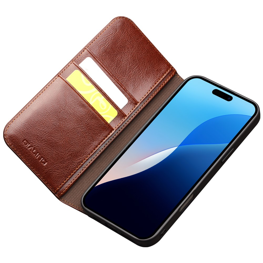 iPhone 16 Pro Max Echtleder Tasche Flip Wallet Cover mit Kartenfächer - Braun