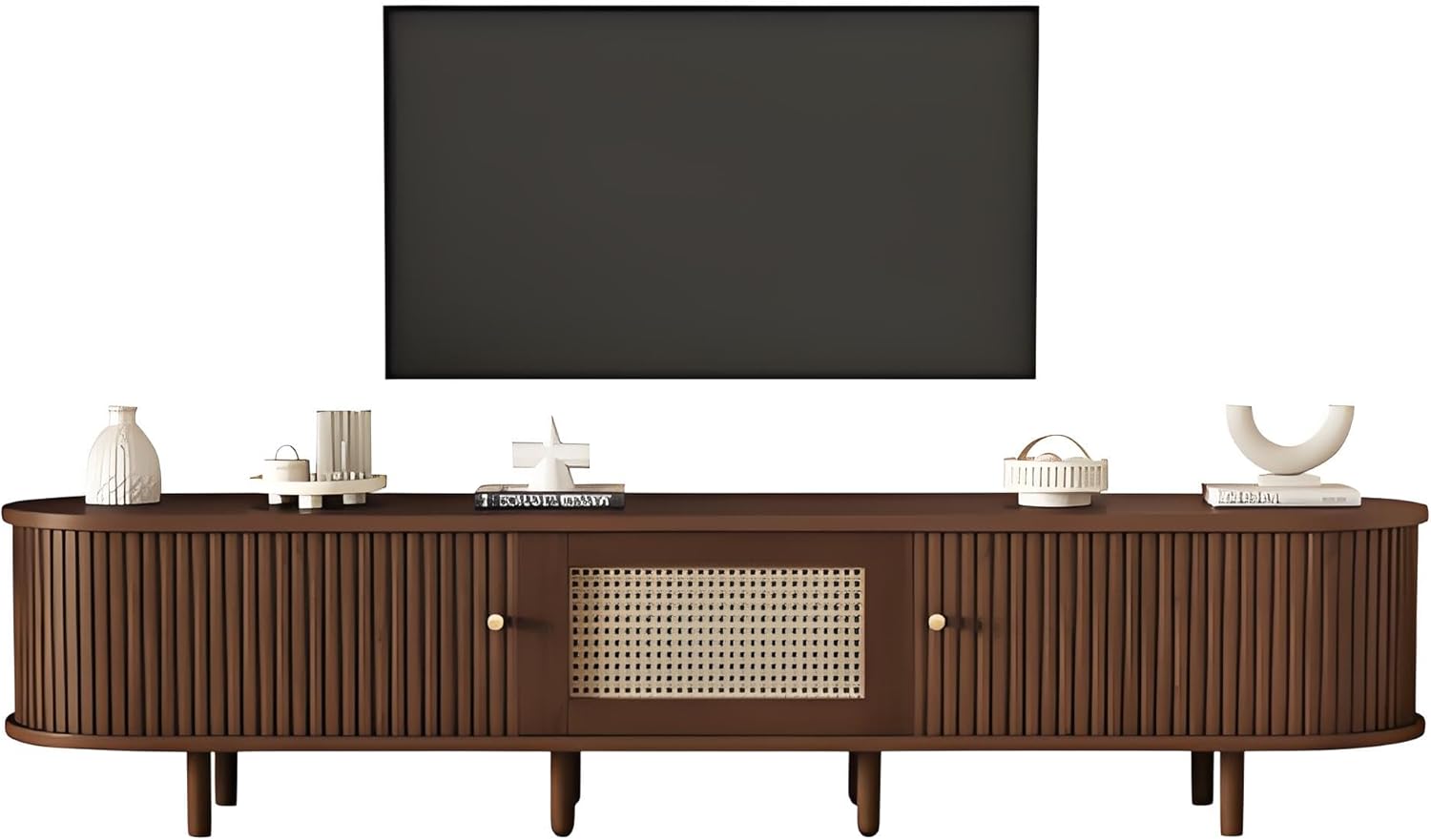 LANTRO JS TV Kommode, In Nussbaum Dunkel, Rattan Design, TV Lowboard mit Verstellbaren Füße, 30 kg Belastbarkeit, Lowboard Wohnzimmer, 180x40x40cm