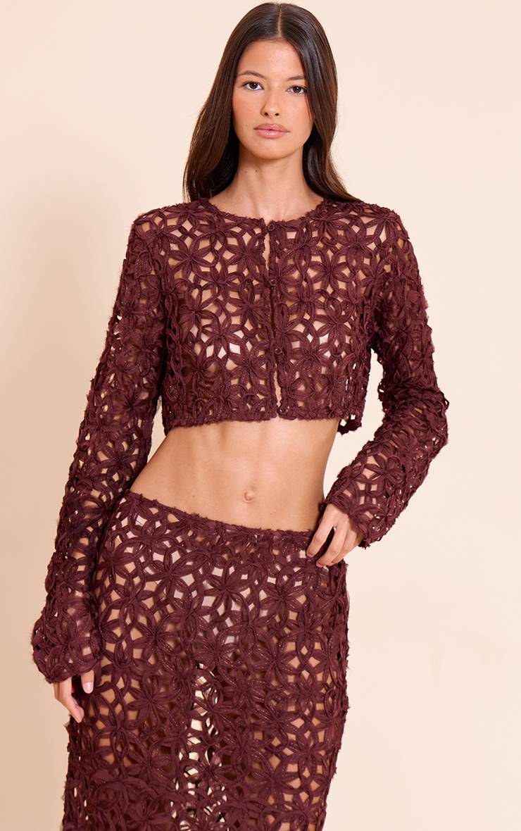 Marron Foncé Ensemble Haut Court Boutonné À Fleurs Texturées