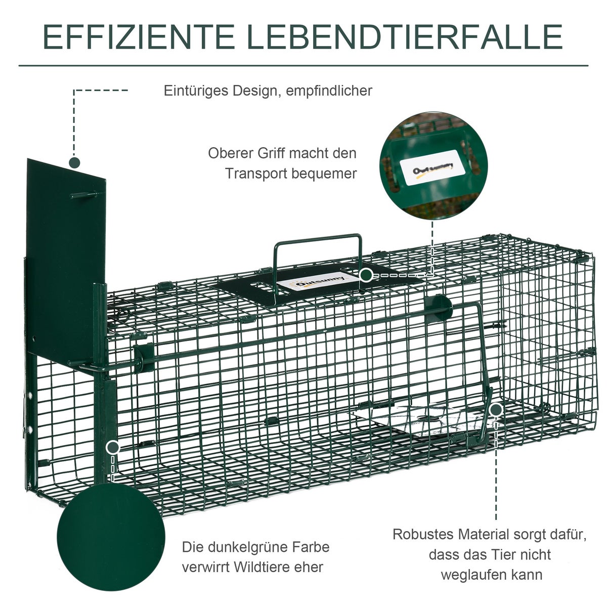 Outsunny livetrap, marterval met deur en handvat, 60 x 18 x 20 cm, staal, donkergroen