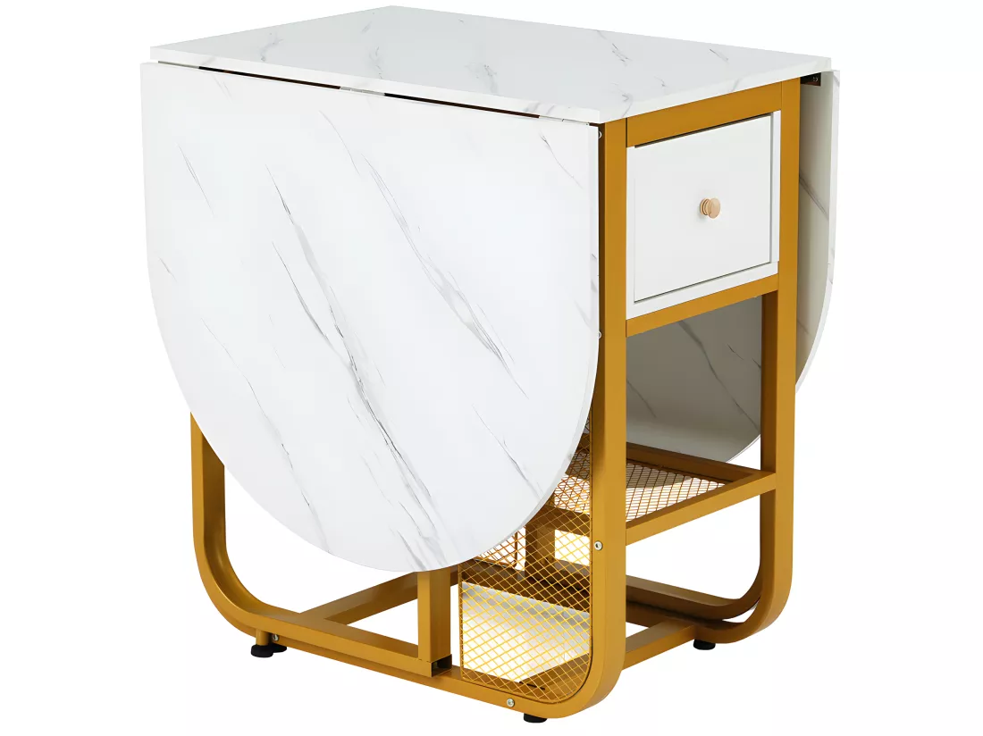 Table à manger pliante rétractable polyvalente - avec 2 tiroirs et étagère de rangement - Panneaux de particules - Blancs & Doré