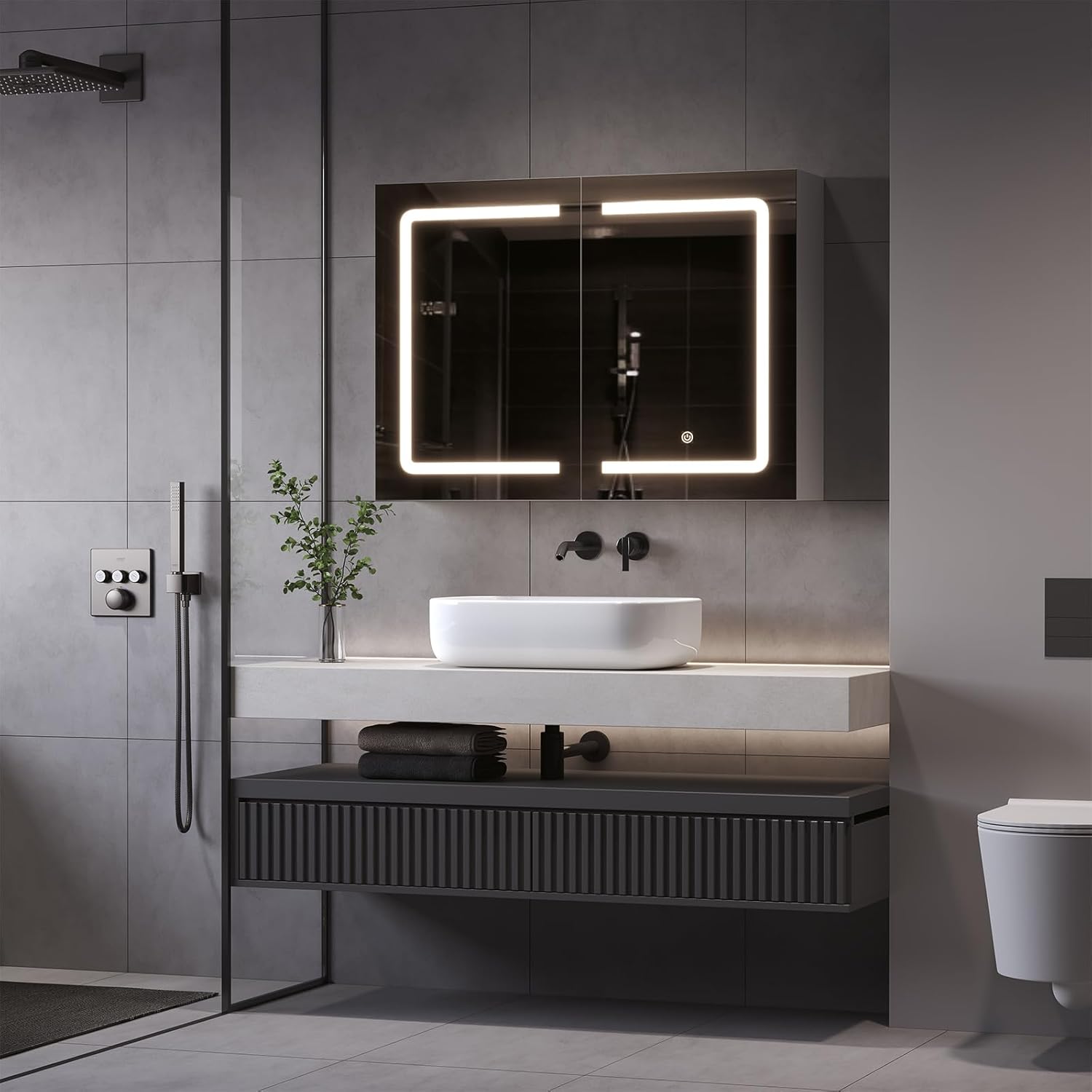 DICTAC Badezimmer spiegelschrank mit Beleuchtung 80x60x16cm Spiegelschrank Bad mit LED und Steckdose 80 cm Breit Doppeltür Badschrank mit Spiegel und Ablage,Hängeschrank,Berührung Sensorschalter,Weiß