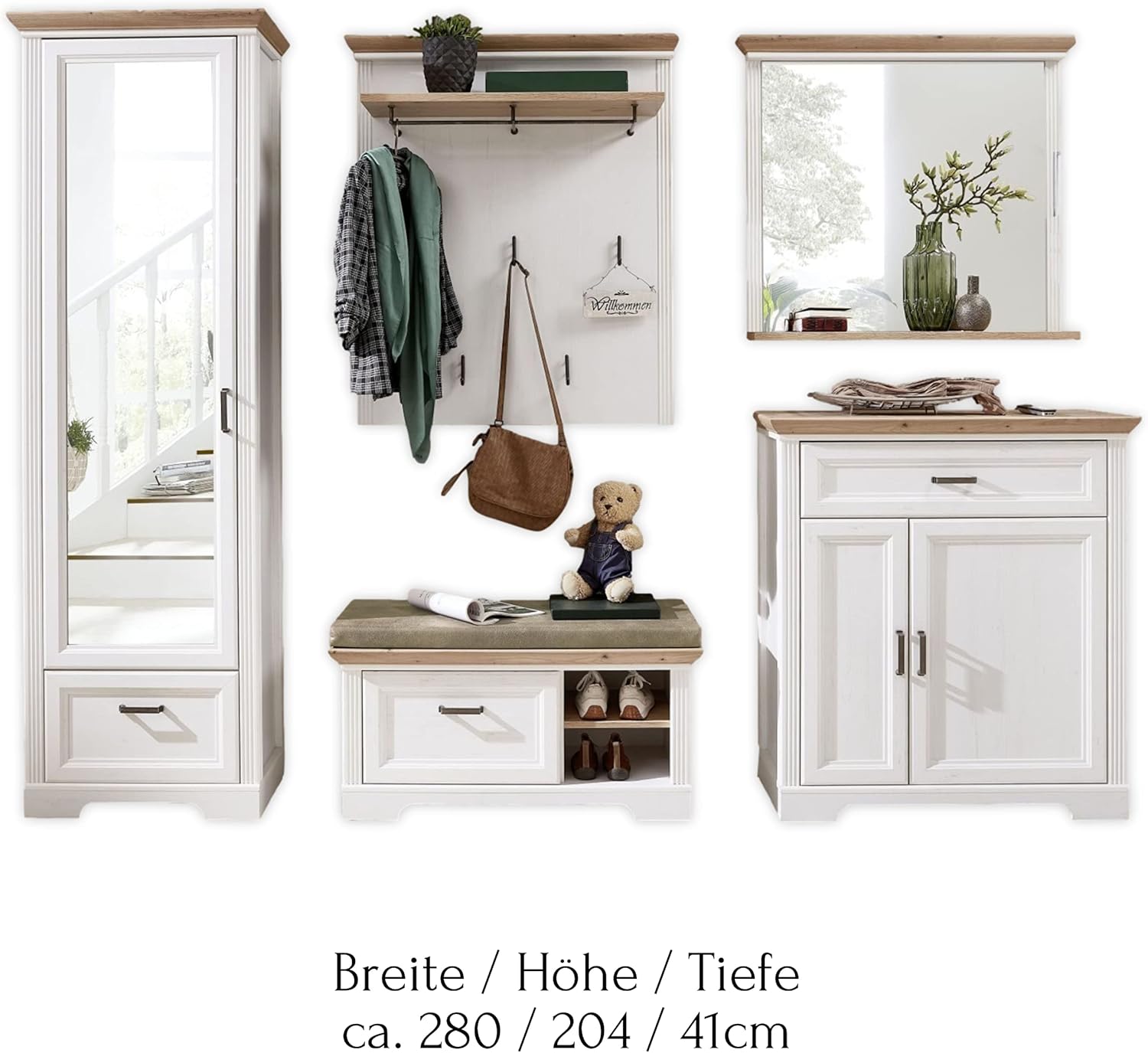Stella Trading JASMIN Flurgarderoben Set in Pinie hell, Artisan Eiche Optik - Landhausstil Garderobenset 5-teilig für Ihren Eingangsbereich - 280 x 204 x 41 cm (B/H/T)