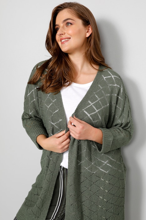 Strickjacke, oversized, Ajourstrick, offene Form, 3/4-Ärmel