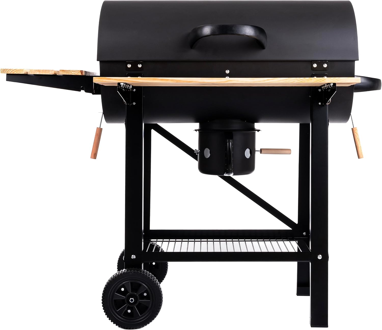 LEHMANN Holzkohlegrill mit Grillrost XL, Grillwagen mit 2 Holzeinlegeböden, Deckel, Rädern und nicht wärmender Griff, Kohlegrill für Garten, Terrasse, Camping