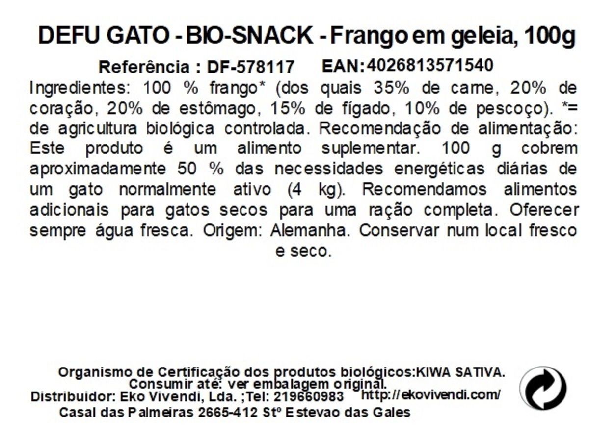 COMIDA HÚMIDA BIO GATO DEFU FRANGO EM GELEIA 100G
