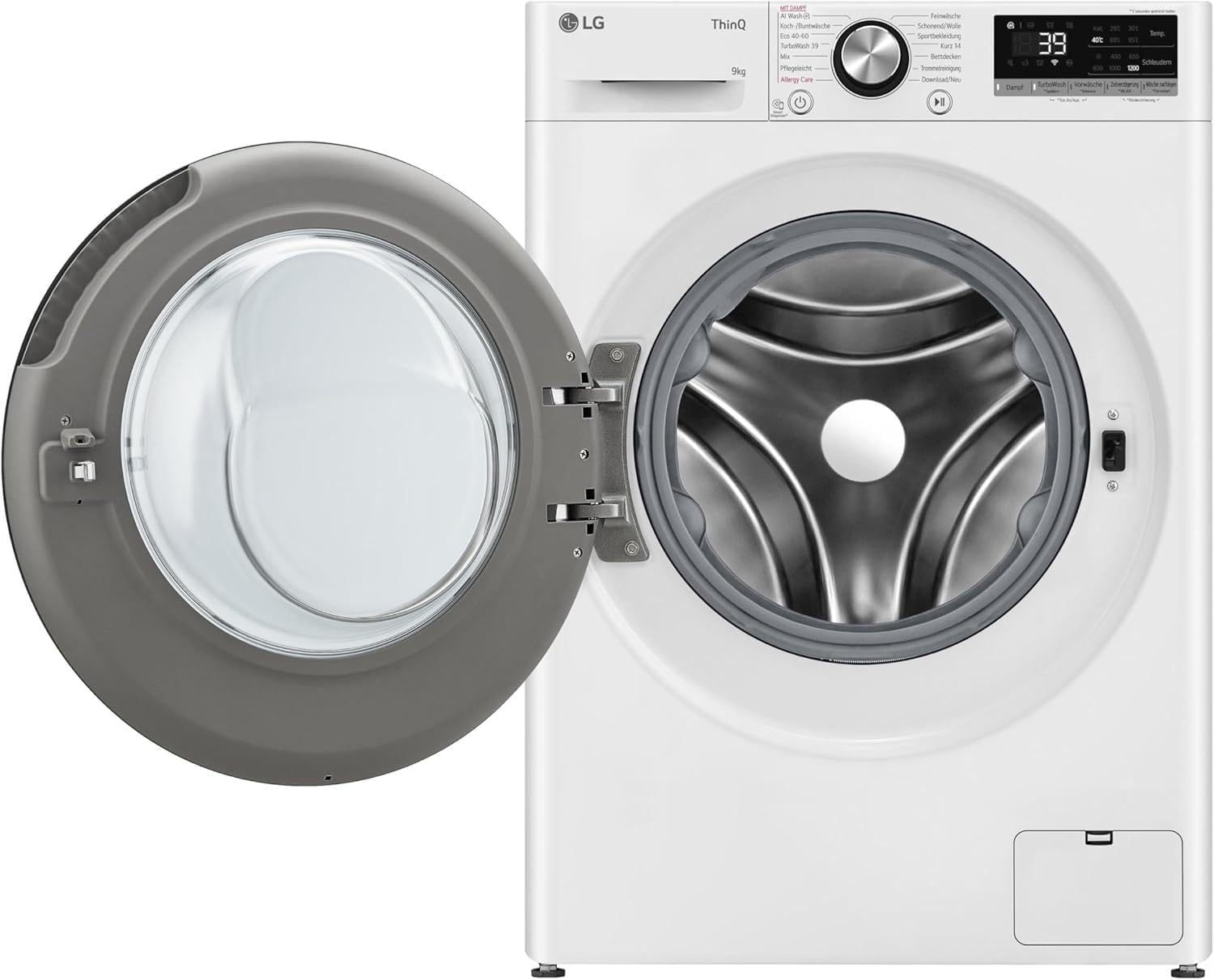 LG F2V7SLIM9, Klasse A, Waschmaschine Slim 9 kg, 60x47.5x85 cm, Wi-Fi, AI Direct Drive, Tiefenreinigung mit Dampf, TurboWash 360°, Außentür aus Gehärtetem Glas, Weiß mit Schwarzem Bullaugenring