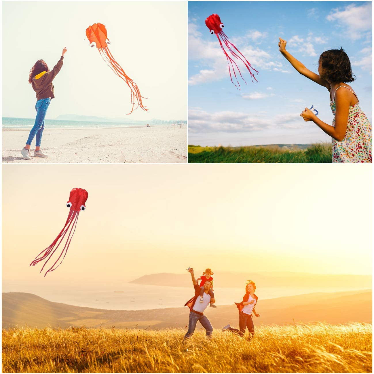 (72cm) Flug Drachen Herbst Spielzeug Outdoor Oktopus Flugspielzeug mit Regenbogen Streifenschwänze - Rot