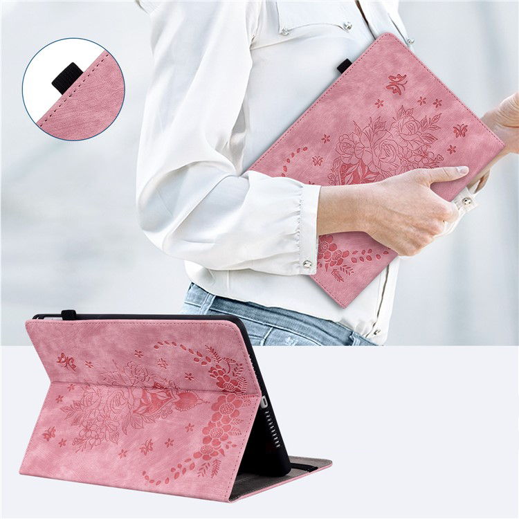 Samsung Galaxy Tab S10 Lite / S10 FE / Tab S9 FE / S9 Leder Tasche Flip Cover Rosen & Schmetterling Imprint   S-Pen Halterung - Rosa