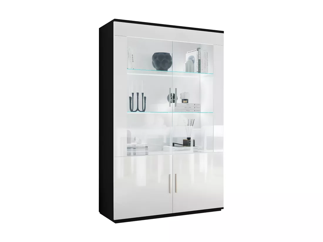 Vaisselier 4 portes Noir/Blanc laqué à LEDS - REVE - L 117 x l 47 x H 182 cm