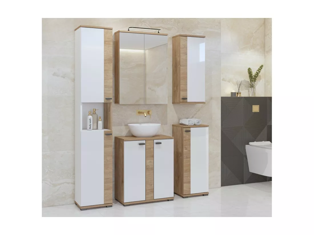 Colonne de salle de bain collection BALEA – 2 portes et 1 niche, coloris blanc et chêne