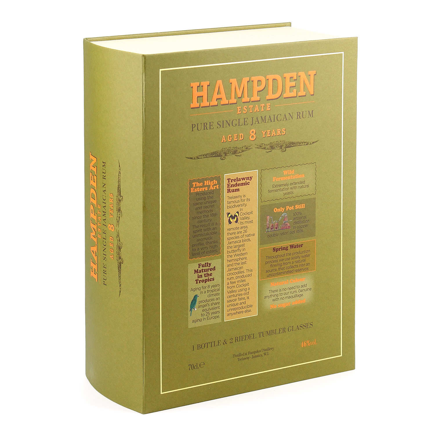 Coffret cadeau livre rhum Hampden 8 ans 46% + 2 verres