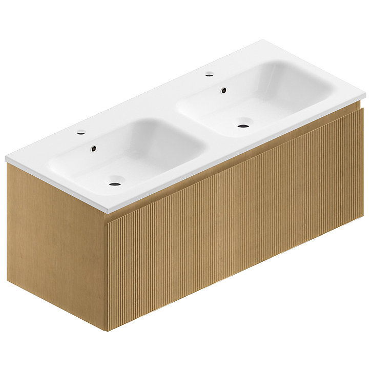 Meuble sous vasque à suspendre Pura placage chêne clair strié 120 cm + Plan double vasque en résine blanc brillant