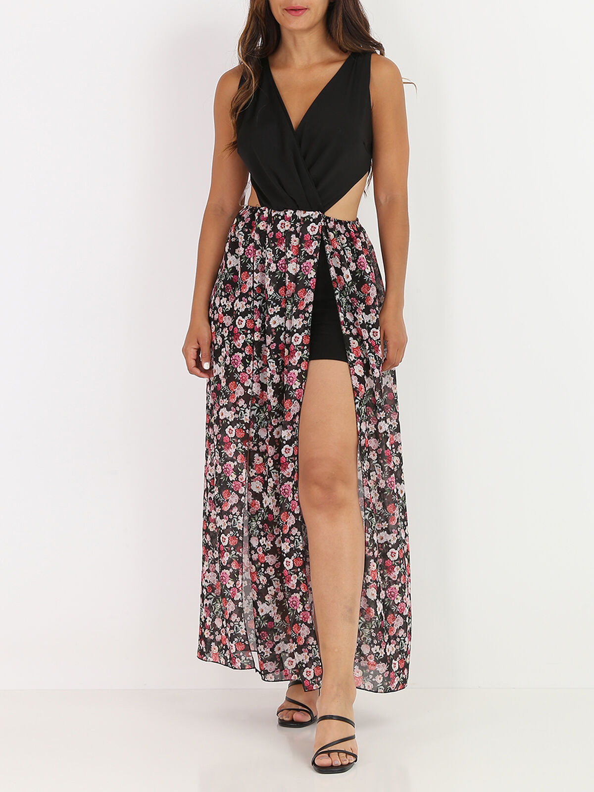 Combi-short à jupe fleurie- Noir