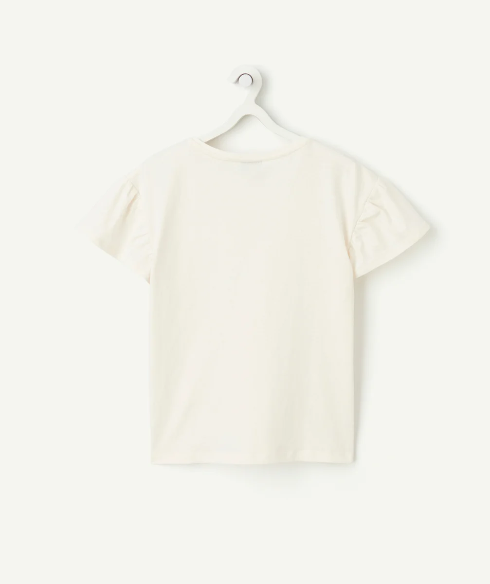 t-shirt manches courtes fille en coton bio écru avec motif lune et étoiles en sequins