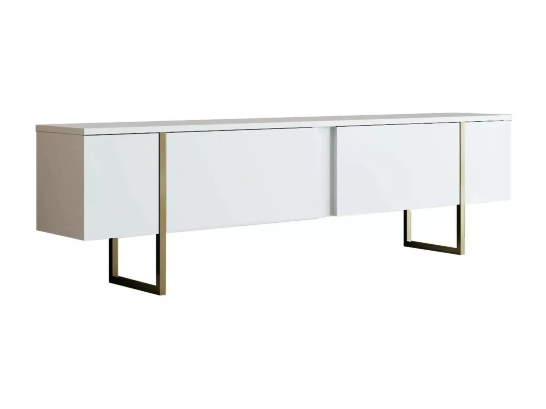 Meuble TV Centaurus, Buffet de salon, Armoire basse pour TV, Base murale de rangement, 180x30h50 cm, Blanc et Or