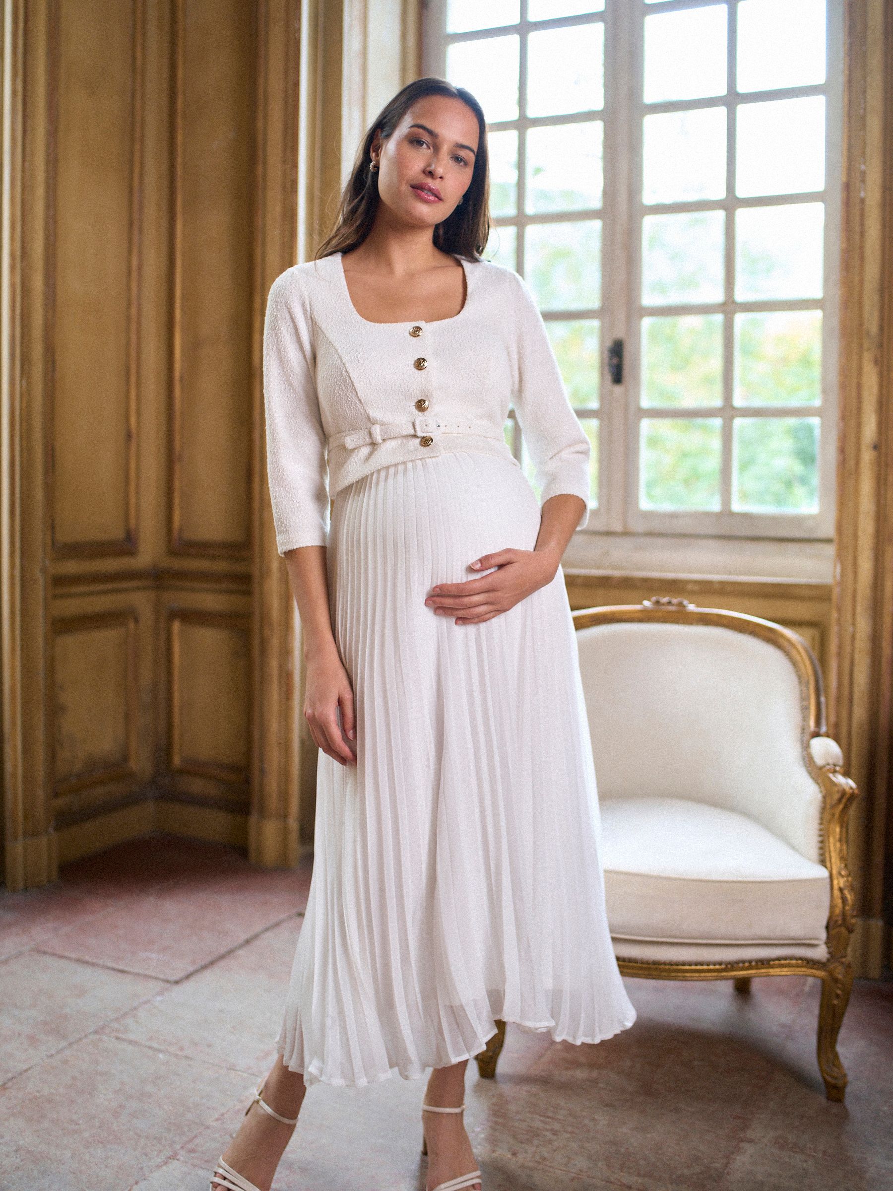Seraphine Occasion Maternity & Nursing Bridal Dress With Tweed Bodice & Floaty Pleated Skirt