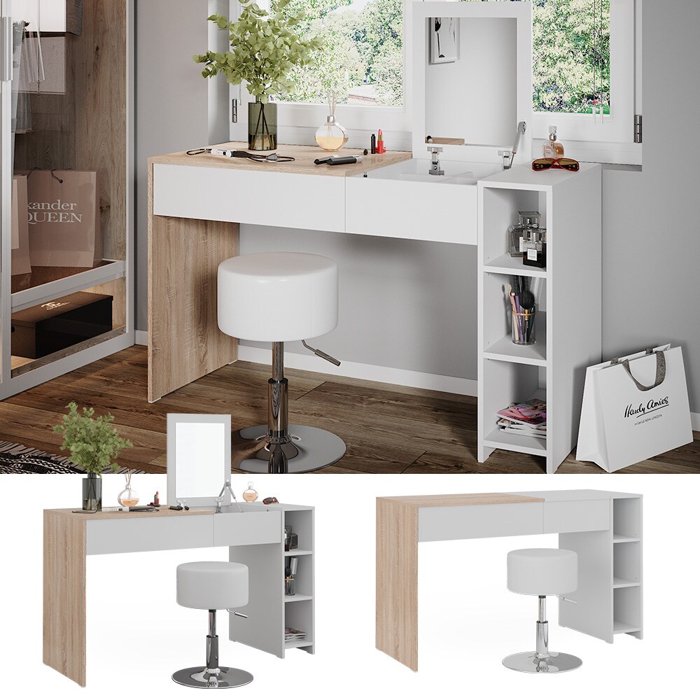 Vicco Schminktisch Kira, 129 x 76 cm, Weiß Sonoma, Frisiertisch, Spiegel, Hocker, modern