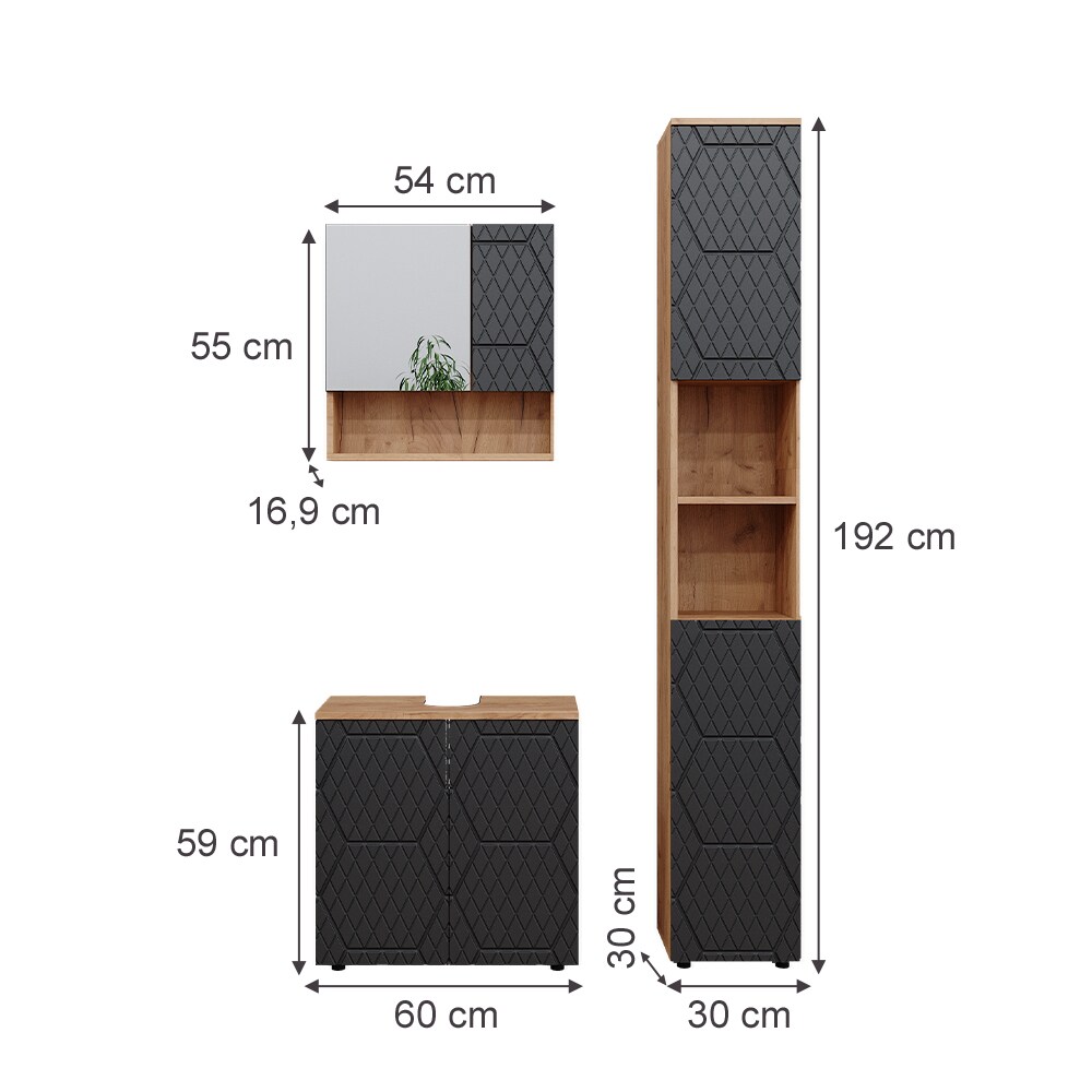 Vicco Badmöbel-Set Irma Eiche Anthrazit 3-teilig Hochschrank Waschbeckenschrank 60 cm