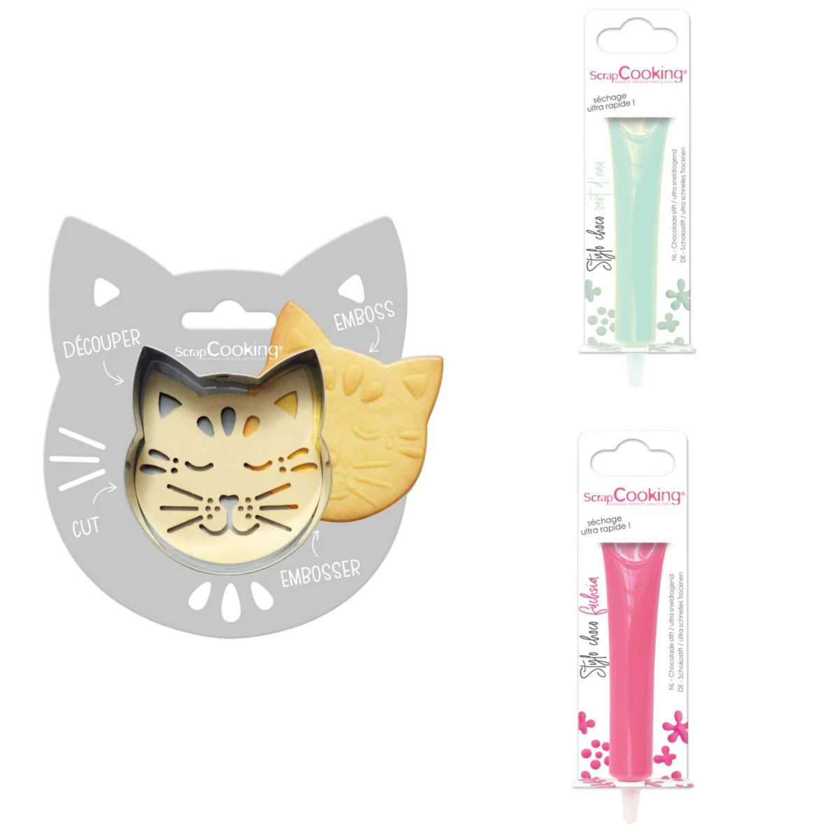 Kit pour biscuit en relief Chat + 2 Stylos au chocolat vert d'eau et f