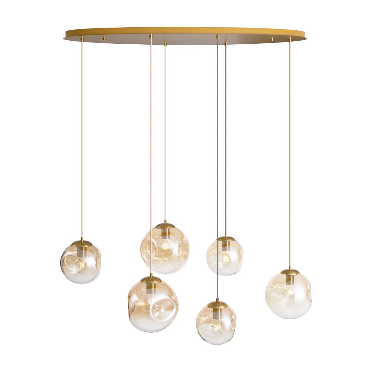 Art deco hanglamp messing met ovale plafondplaat en amber glas 6-lichts - Douglass
