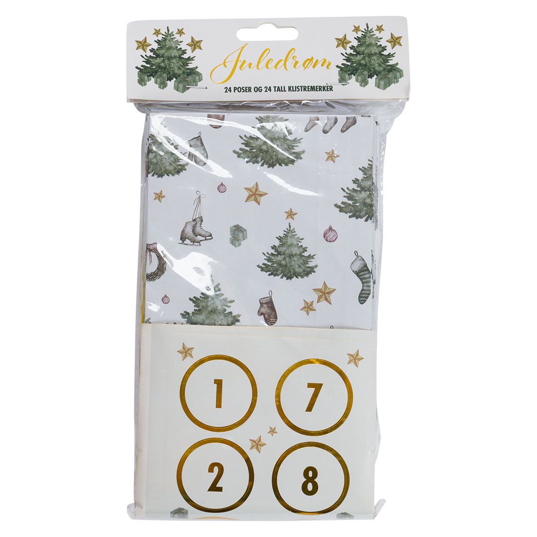 Kalenderposer 24stk med stickers og bånd Juledrøm