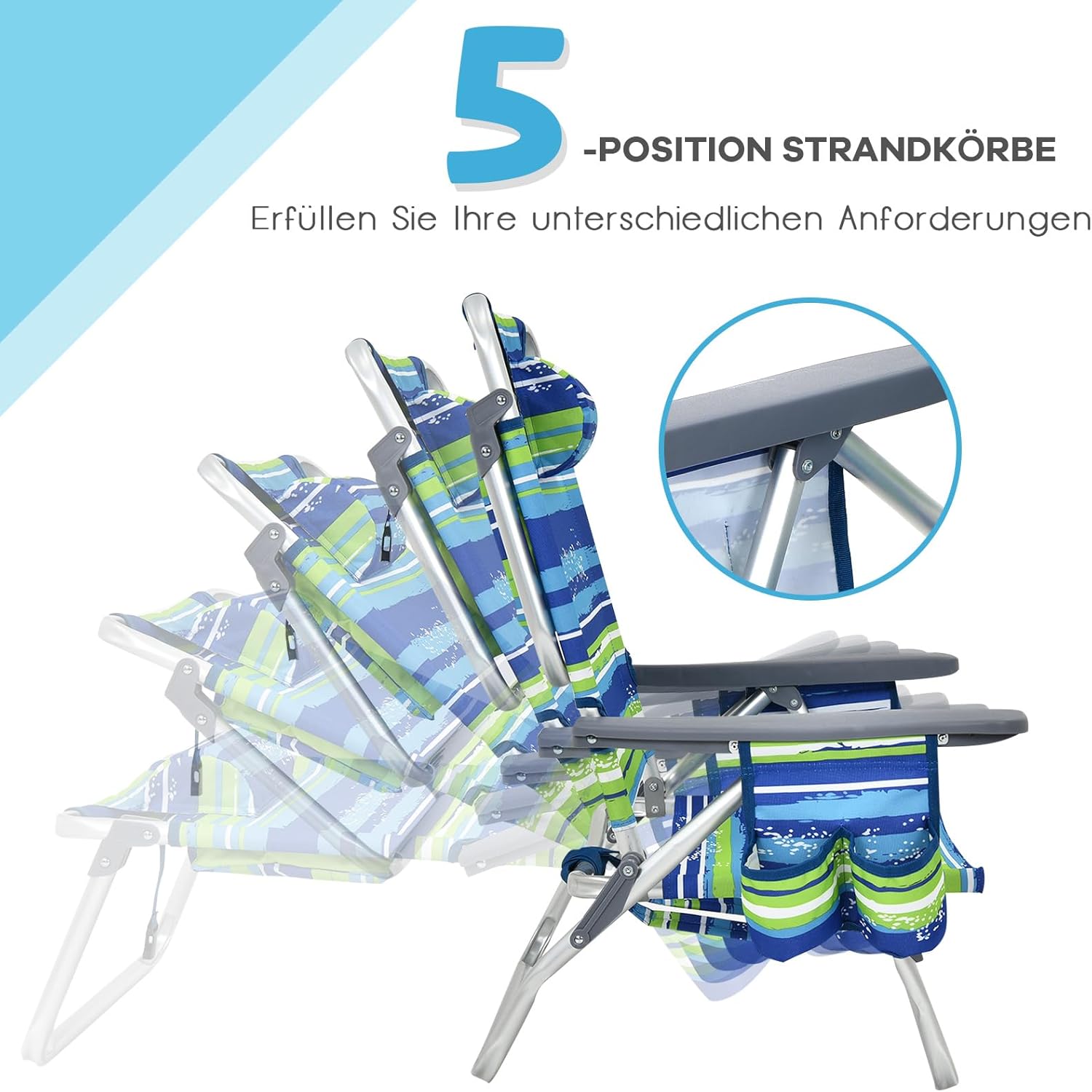 COSTWAY Strandstühle und Tisch Set, klappbare Campingstühle mit Verstellbarer Rückenlehne, Kopfstütze, Seitentaschen, Eisbeutel, Armlehnen & Schultergurten, Klappstühle leicht (Blau + Grün)