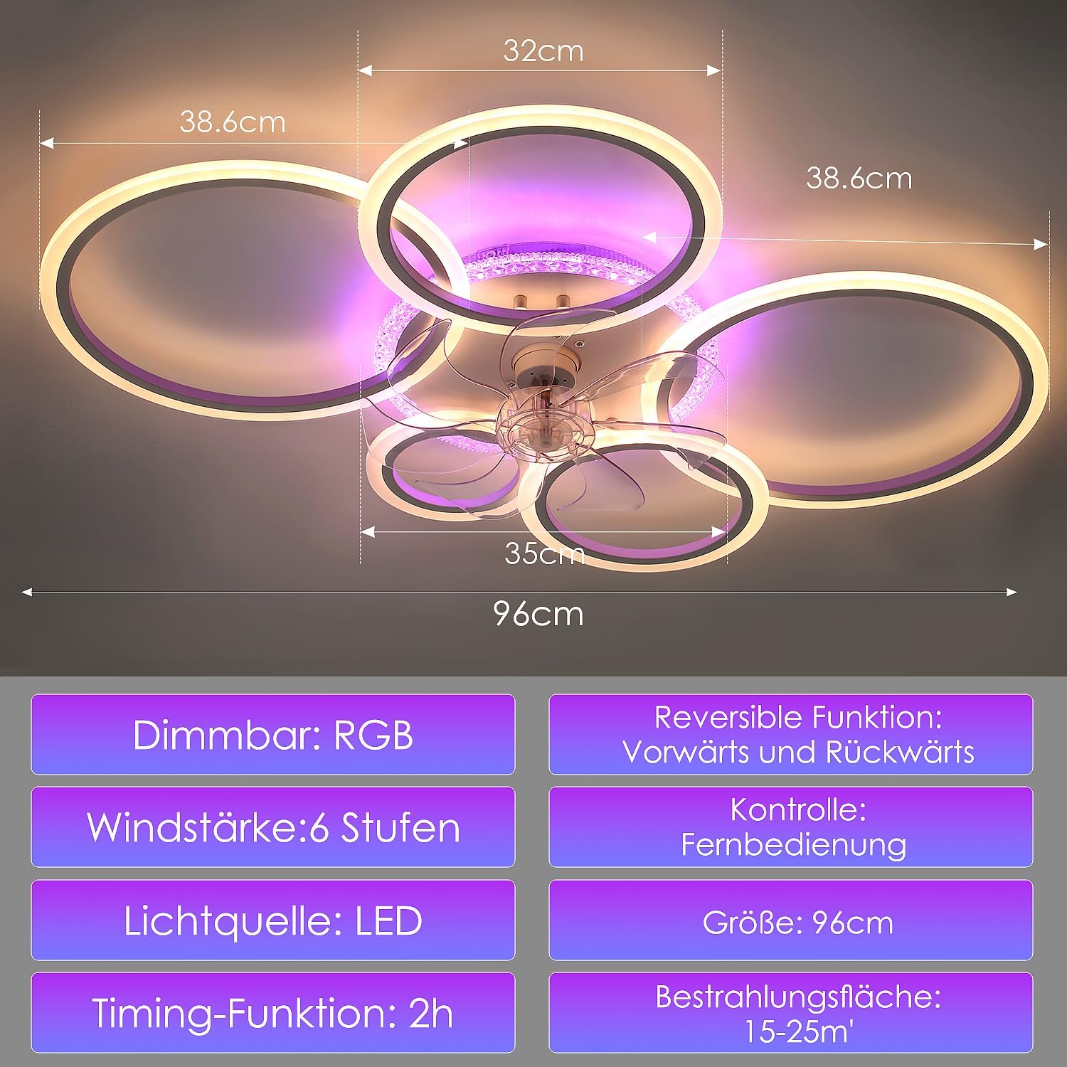Deckenleuchte mit Ventilator, leise, weiß, Deckenventilator mit Beleuchtung, App und Fernbedienung, 72 W, 6270 lm, Dimmbar, RGB LED, für Wohn- Schlaf- und Esszimmer, 6-Gang, Timer