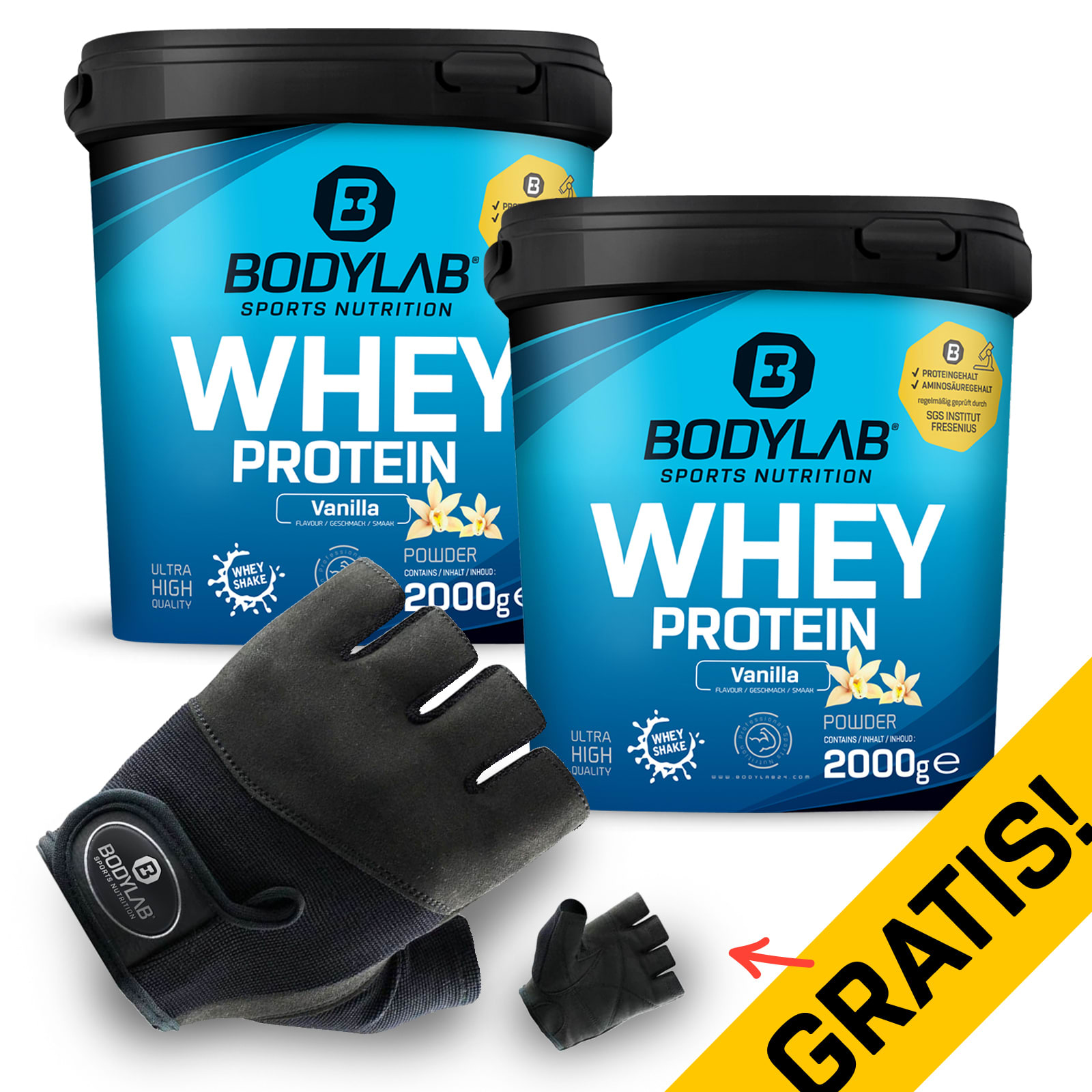 2 x 2kg Bodylab24 Whey Protein + Bodylab Handschuhe
