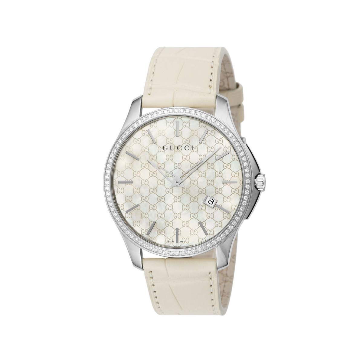 Montre Gucci mixte acier cuir blanc diamants