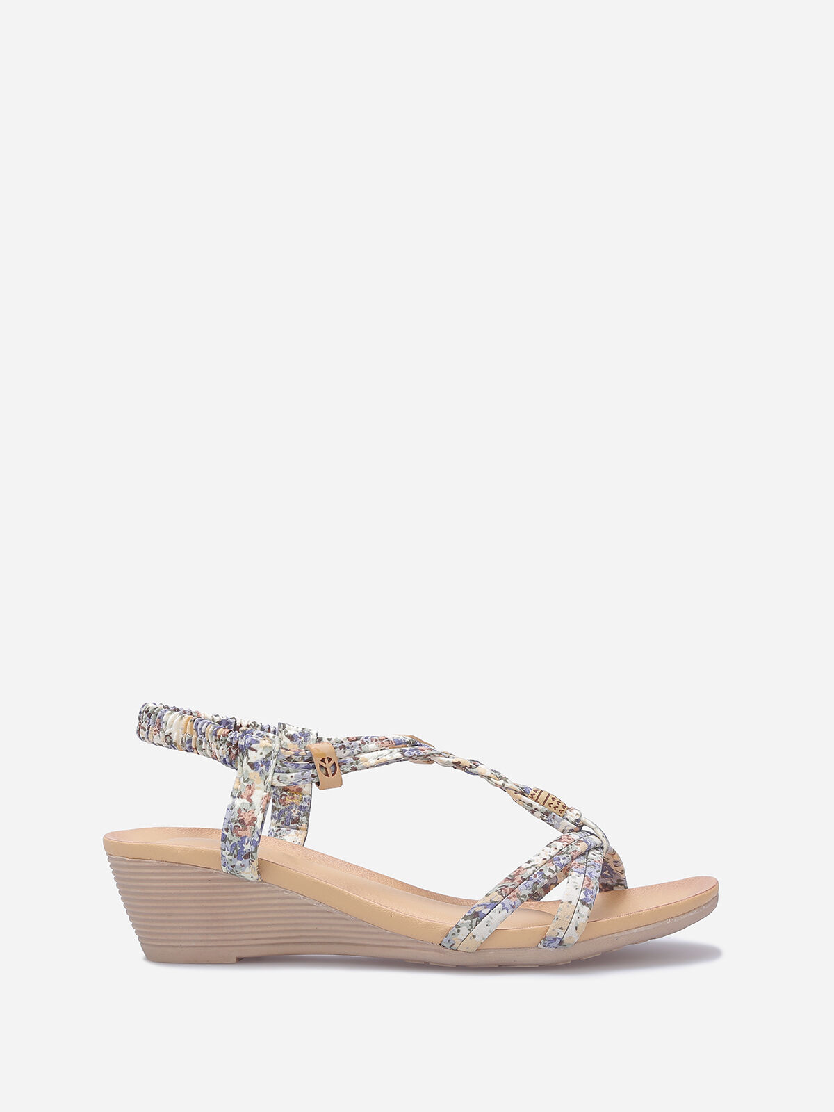 Sandales compensées à perles effet bois- Bleu / Beige