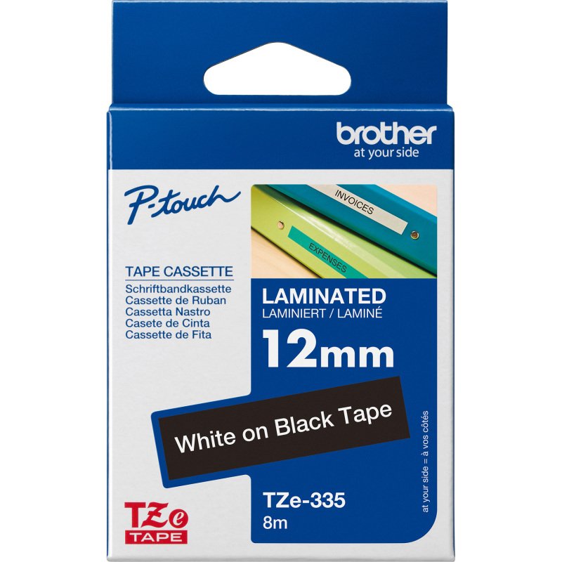 Ruban laminé Brother 12 mm TZE 335 noir écriture blanche