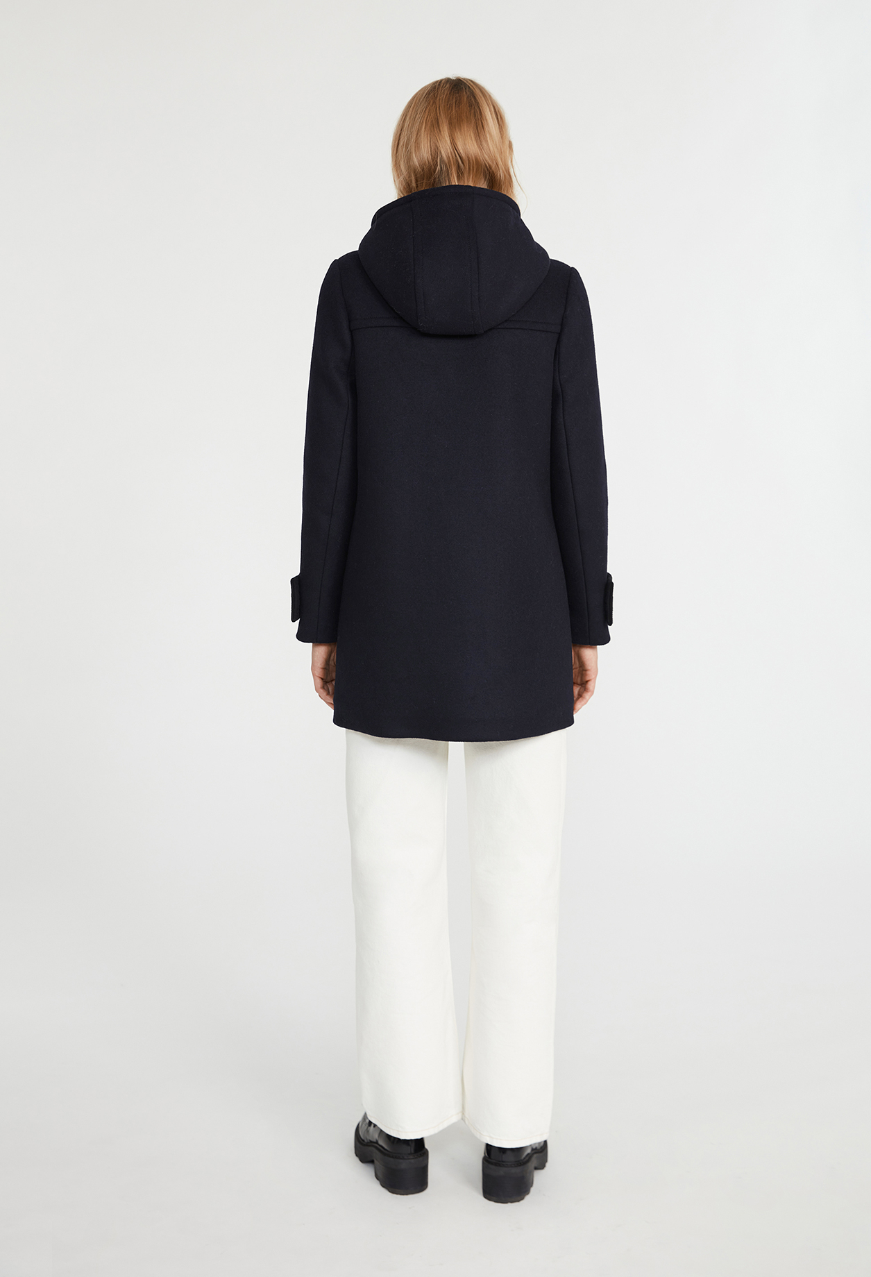 Manteau marine capuche laine melangee
