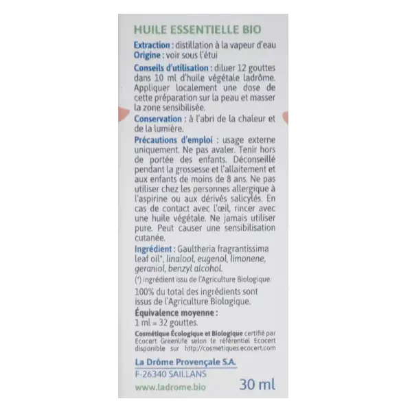 Ladrôme Huile Essentielle Gaultherie Bio 30ml