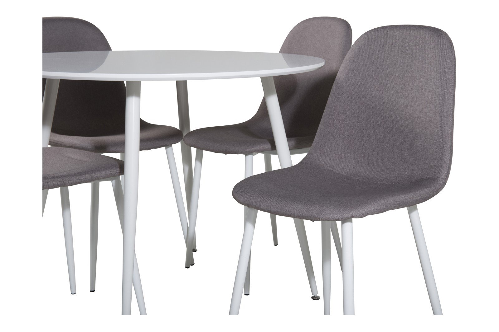 Plaza og Polar Spisegruppe Plaza rundt spisebord ø100cm i Hvit med 4 stk. Polar spisestoler i Grå og hvit ben.