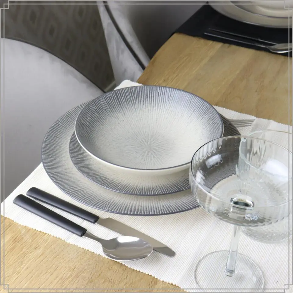 OTIX Dessert Ontbijt Bordenset 12 Persoons Zwart Taupe 21cm Keramiek TULIP